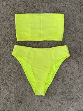 Frankie's Bikinis Neon Yellow Ribbed Bandeau Bikini Set